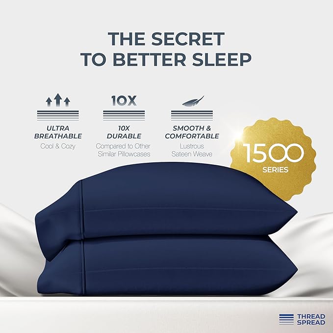 THREAD SPREAD 100% Egyptian Cotton Pillow Cases Queen Size Set of 2 - Luxury 1500 Series Queen Pillow Cases (Navy Blue), Soft Cooling Envelope Closure Hotel Quality Egyptian Cotton Pillowcases