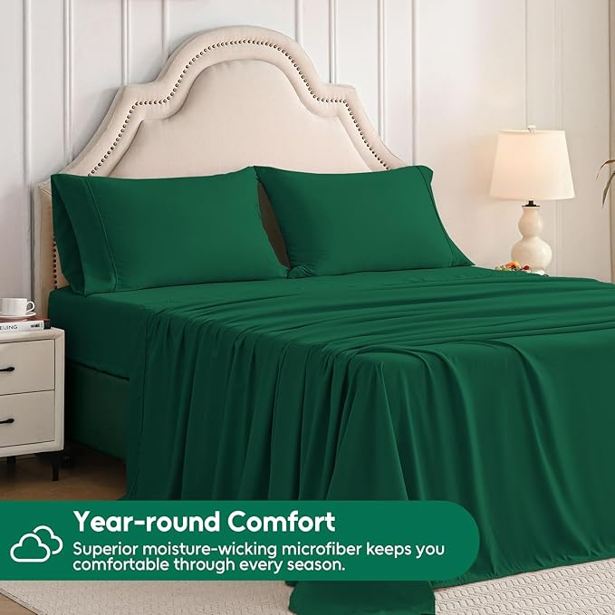 Queen Sheet Set, 4-Piece Hotel Luxury Soft Microfiber Queen Bed Sheets Set, Up to 16" Deep Pockets, Oeko-Tex Sheets with Elastic, Breathable, Wrinkle Free (Forest Green, Queen)