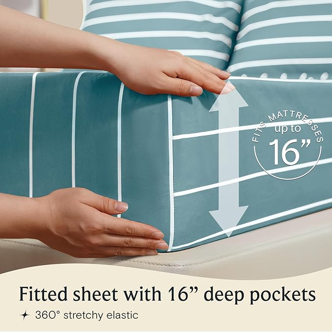 LuxClub Striped Sheets, 3 PC Striped Bed Sheets Twin Size, Deep Pockets 18" Eco Friendly Wrinkle Free-Kids-Fitted Sheets Machine Washable Hotel Bedding (Twin, Light Blue)