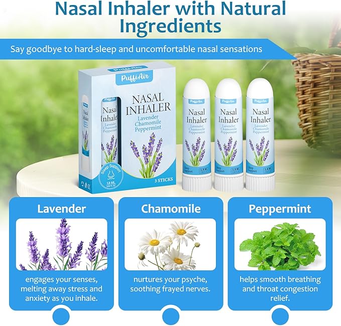 PUFFIAIR Lavender Nasal Sticks (3 Pack) 丨Pure Lavender & Chamomile Extract丨Help Sleep, Promote Calm & Stuffy Noses Support Craving Relief for Smokers