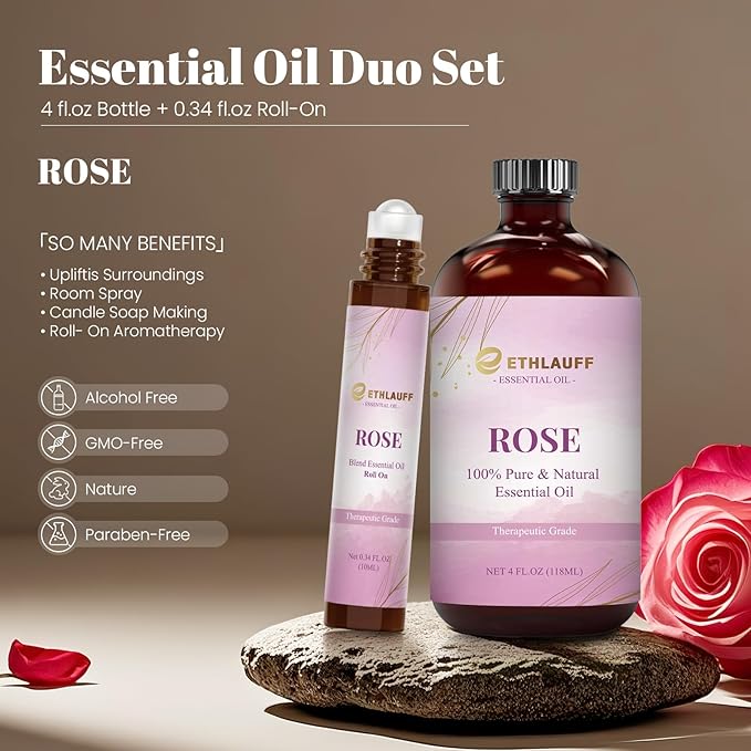Rose Essential Oil 4.33 Fl Oz, 100% Natural Rose Oil Premium Grade for Diffusers, Skin Care, Massage, Humidifiers, DIY Candles, Soap Making, with Glass Dropper
