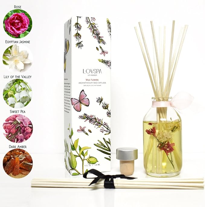 Reed Diffuser Set, Wild Flowers Scented Oil Diffuser with Sticks, Home Fragrance Accessories for Bathroom Shelf Decor, Aroma Diffusers for Home or Office Desk, USA Made