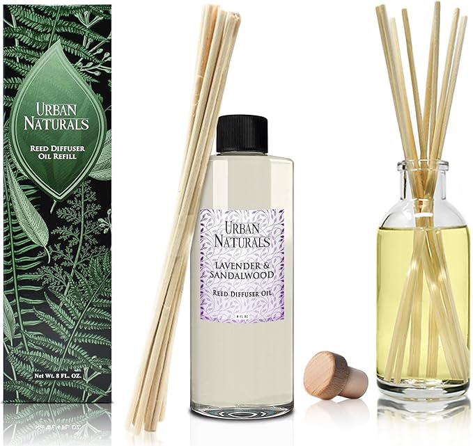 Urban Naturals Reed Diffuser Oil Refill Lavender Sandalwood with Golden Amber, Exotic Woods, Patchouli 8 oz + Free Reed Sticks, Made in the USA