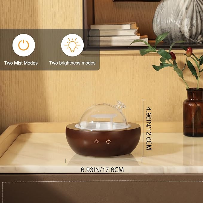 Glass Essential Oil Diffuser,Real Wood Base,The 2024 Upgrade Aromatherapy Diffuser,Aroma Diffuse Humidifier,LED Light in 7 Colors，Suitable for Home Office Bedroom-Brown
