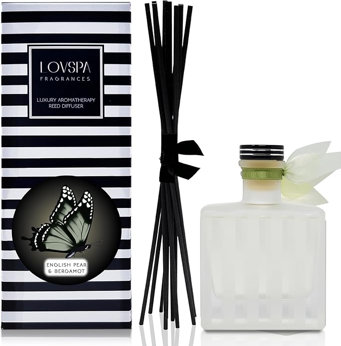Reed Diffuser Set, English Pear & Bergamot Scented Oil Diffuser with Sticks, Home Fragrance Accessories for Bathroom Shelf Decor, Aroma Diffusers for Home or Office Desk, USA Made
