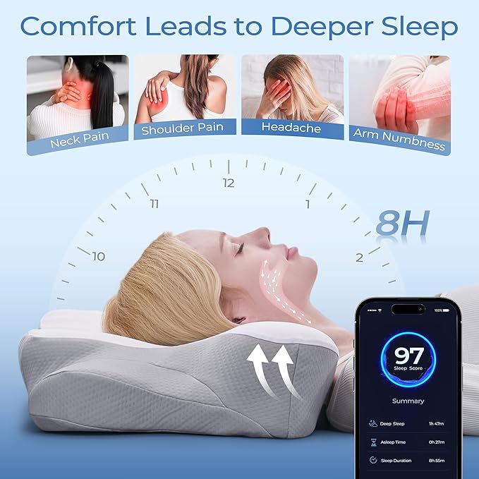 BDEUS Ergonomic Cervical Neck Pillow for Sleeping – Memory Foam Pillow with Massage Nodes for Neck Pain Relief, Side Sleeper & Back Support, CertiPUR-US Certified, White