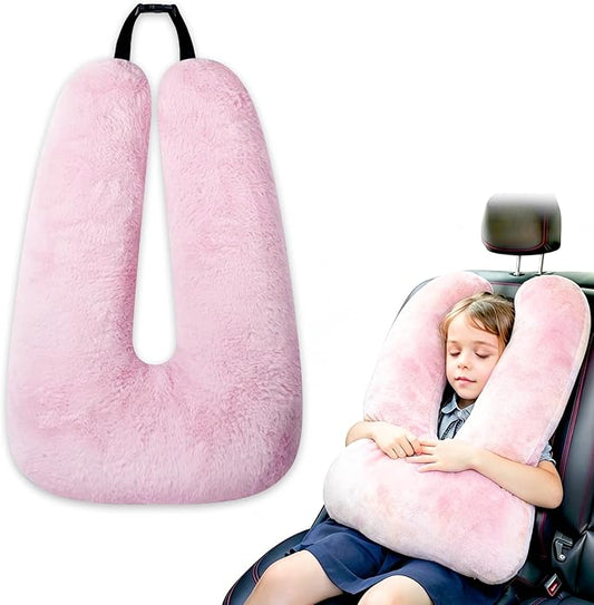 Atablyn Pink Soft Cotton Travel Neck Pillow -Ergonomic Support for Child and Adult Car Seats, Cozy Compact Pillow for Long-Distance Travel Essentials
