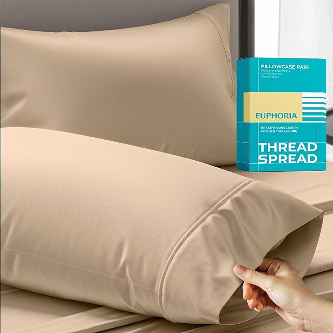 Thread Spread 100% Egyptian Cotton King Size Pillow Cases Set of 2 - Luxury 800 Series Euphoria Collection Pillow Cases King Size (Taupe), Soft Cooling Breathable Hotel Cotton Pillowcases
