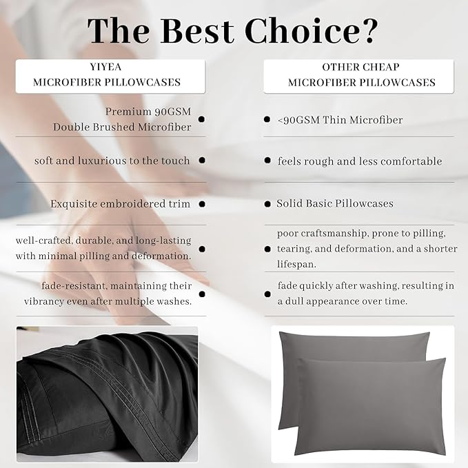 YIYEA Standard Pillow Cases Set of 2, Ultra Soft Double Brushed Microfiber Pillowcases Standard, Hotel Quality Embroidered Bed Pillow Covers, Fade Resistant, Easy Slip-On (20"x26", Black)