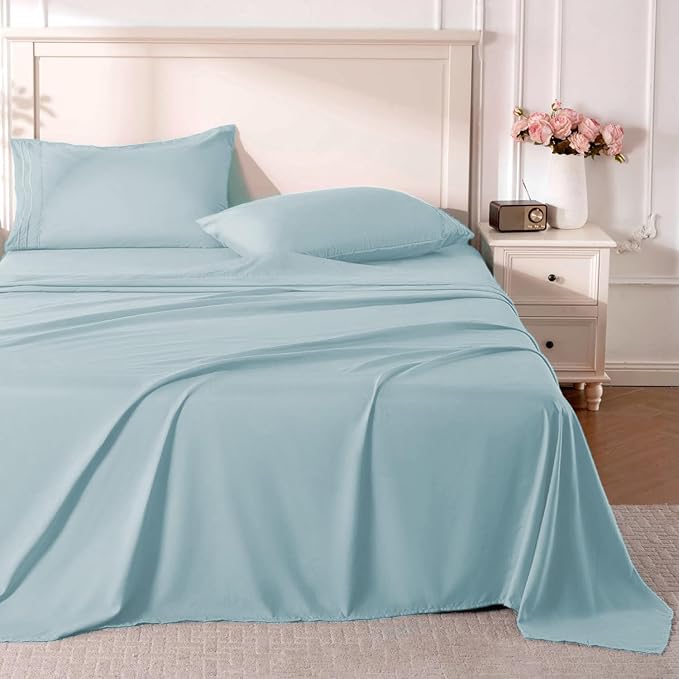 ROSE&RISY Light Blue Twin Sheet Set, 3 Pieces Soft Bedding Twin Sheet Set, Breathable and Cooling,Includes 1 Fitted, 1 Flat, 1 Pillowcase - Deep Pocket (Light Blue, Twin)
