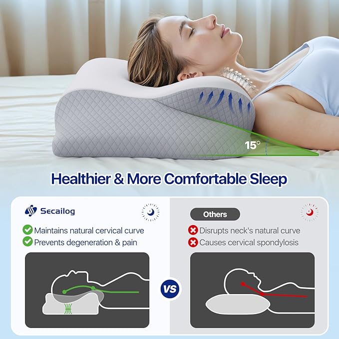 Memory Foam Neck Pillow - Ergonomic Contour Cervical Neck Pillow for Side Back Stomach Sleepers, 2-in-1 Orthopedic Neck Support Pillow with Cooling Pillowcase