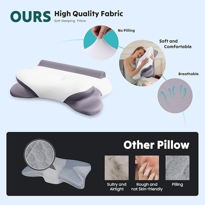 NEWBULIG Cervical Neck Pillow - Ergonomic Memory Foam Pillow for Neck Pain Relief, Contour Orthopedic Bed Pillow for Side, Back & Stomach Sleepers with Neck Support, 25.81" Lx14.6 W, White & Grey