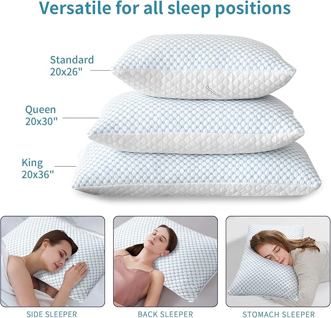 Cooling Shredded Memory Foam Pillow Queen Size - Adjustable Loft for Back & Side Sleepers, Breathable & Supportive Bed Pillow with Removable Washable Cover(Queen Pack of 1)