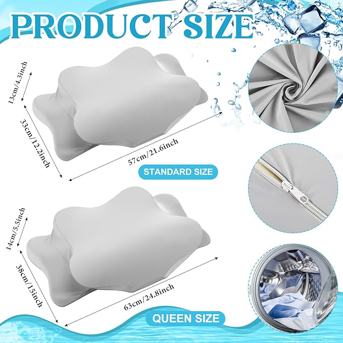 Hahafelt 2 Pcs Cooling Cervical Pillowcase with Zipper (Only Pillowcase) Ergonomic Cervical Neck Pillow Cover Breathable Cool Pillow Case for Side Back Stomach Sleepers(Gray,Queen Size)