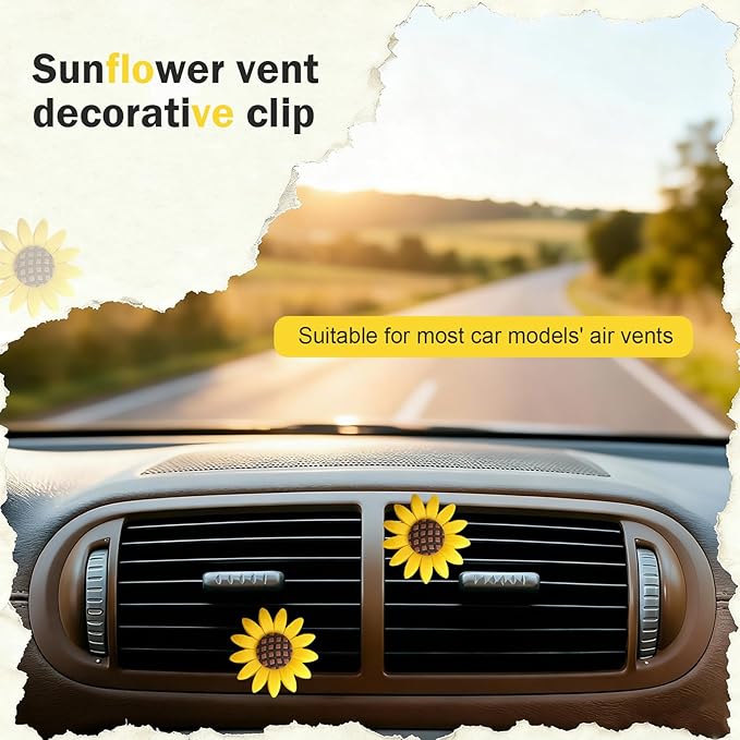 2 PCS Sunflower Car Air Vent Clips, Flower Cute Nature Diffuser Clip, Alloy Anti-rust Vibrant Straight Outlet Ornament, Interior Decoration Accessory for Most Cars (Yellow)