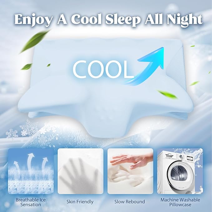 Cervical Pillow for Neck Pain Relief, Cooling Contour Memory Foam Pillows Support Odorless Ergonomic Neck Pillow Adjustable Orthopedic Bed Pillow for Side Back Stomach Sleeper,Blue