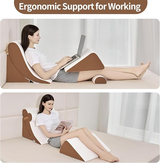 4PCS Orthopedic Bed Wedge Pillow Set for Post Surgery&Pain Relief,Adjustable Wedge Pillow for Back,Acid Reflux,Sitting up in Bed,Recovery,Snoring,Body Pillow for Sleeping (White/Dark Brown)