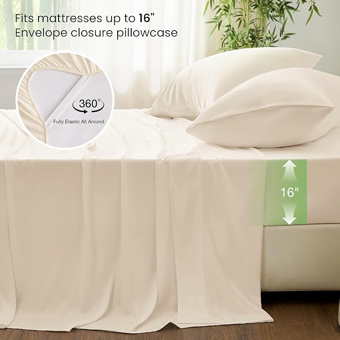 Love's cabin 3 Piece Twin Sheet Set, 100% Rayon Derived from Bamboo, Cooling & Breathable, Soft Silky Deep Pocket up to 16", Hotel Luxury Bedding for Hot Sleepers, Beige