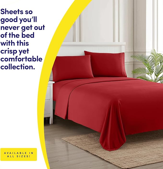 1500 Supreme Collection Twin XL Sheet Sets Red - 3 Piece Bed Sheets and Pillowcase Set for Twin XL Mattress - Extra Soft, Elastic Corner Straps, Deep Pocket Sheets, Twin XL Red