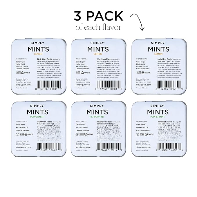 SIMPLY MINTS Lemon & Peppermint Natural Breath Mint Variety Pack, 6 Pack (180 Pieces), Made with Real Peppermint Oil | Aspartame-Free, Sorbitol-Free, Xylitol-Free, Vegan, Kosher, Non-GMO