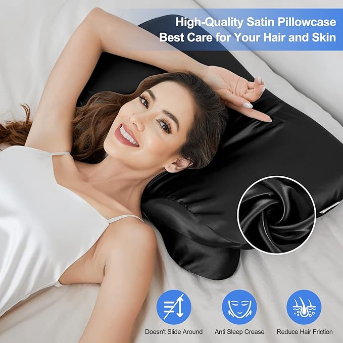 Satin Pillowcase for Zelimun Cervical Pillow, Ergonomic Case, Smooth & Soft Pillowcase, Black Pillow Cover with Zipper