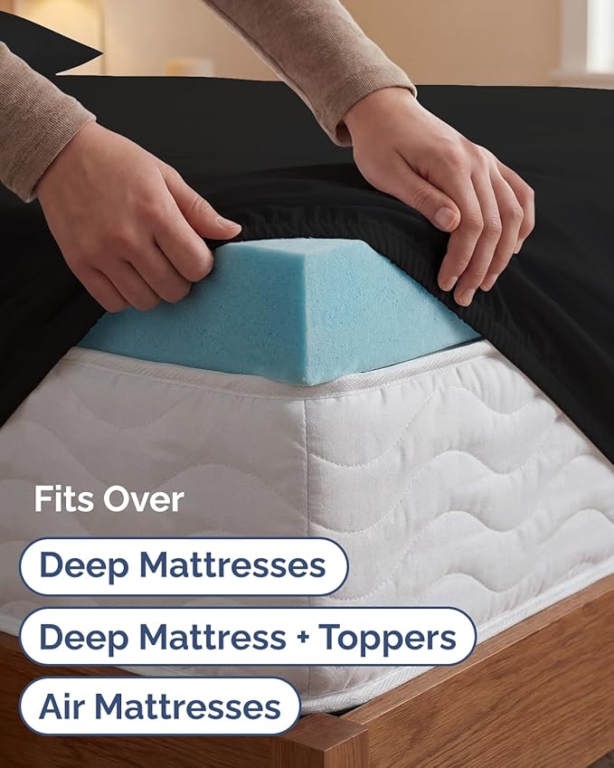 Extra Deep Twin XL Sheet Set - 3 Piece Breathable & Cooling Bed Sheets - Easily Fits 18 to 24 inch Mattress - Ultra Soft, Wrinkle & Fade Free w/ Extra Deep Pockets - Comfy Hotel Luxury Bedding - Black