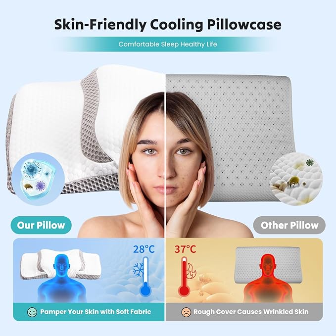 DUMOS Cervical Neck Pillow for Neck Pain Relief, Cooling Memory Foam Pillows for Sleep Apnea, Soft Side Sleeper Pillow Orthopedic Support Ergonomic Pillow for Stomach Back Stomach Sleepers