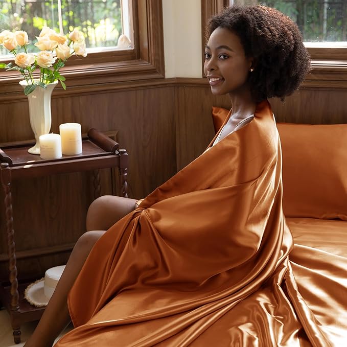 CozyLux Satin Sheets Queen Size Bed Set - 4 Piece Silky Queen Sheet Set, Luxury Terracotta Queen Sheets with Smooth and Soft Microfiber, Includes 1 Fitted Sheet, 1 Flat Sheet and 2 Pillowcases