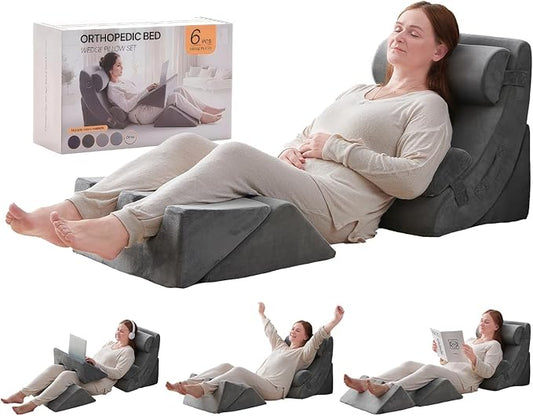 Axelrod 6PCS Orthopedic Bed Wedge Pillow Set, Post Surgery Foam for Back, Neck and Leg Pain Relief Comfortable & Adjustable Pillows- Anti Snoring, Heartburn, Acid Reflux & GERD Sleeping Grey