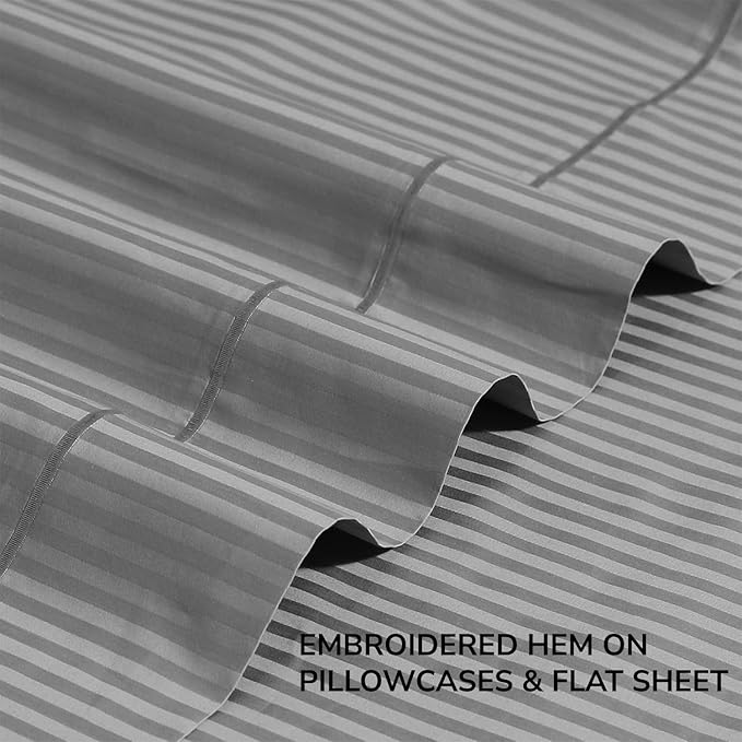 Feather & Stitch 500 TC Queen Size Damask Bed Sheet Set, 100% Cotton Soft Breathable Bedsheets, 4 Piece 18" Deep Pockets Sateen Weave Striped Bedding Mattress Resort Hotel Luxury- (Grey Stripe)