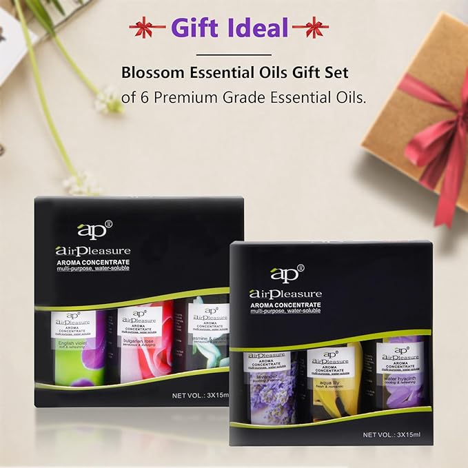 Blossom Essential Oils Set, 6x15ml Aromatherapy Oil Kit for Diffuser, Humidifier, Air Purifier- Aqua Lily, Water Hyacinth, Jasmine & Camellia, English Violet, Bulgarian Rose, Lavender