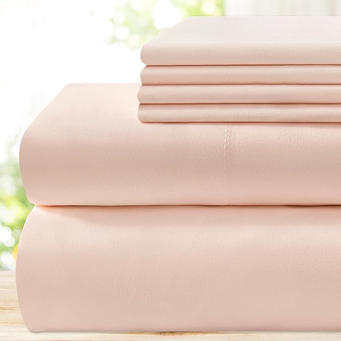 BYSURE 6 Pieces Bed Sheets Set(Queen, Peach) - Hotel Luxury Super Soft 1800 Thread Count 100% Microfiber Sheets with Deep Pockets, Wrinkle & Fade Resistant