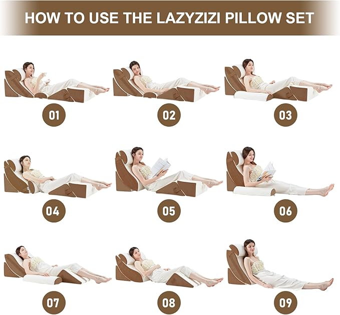 Lazyzizi 6pcs Orthopedic Bed Wedge Pillow Set, Memory Foam Wedge Pillow for Sleeping, Knee, Lumbar and Back Pain Relief Adjustable Bed Pillow - Acid Reflux, Anti Snoring & GERD Sleeping, Brown