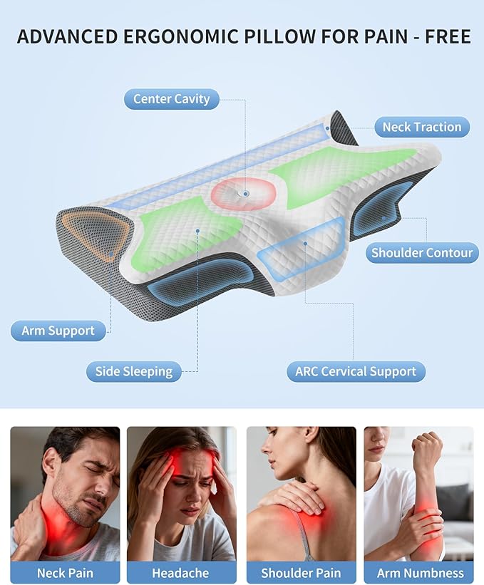 LiKiLiKi 2025 Upgrade Neck Pillow, Side Sleeper Pillow, Memory Foam Ergonomic Cervical Neck Pillows with Cooling Cover for Neck Pain Relief Side Back Stomach Sleeper (White Grey)
