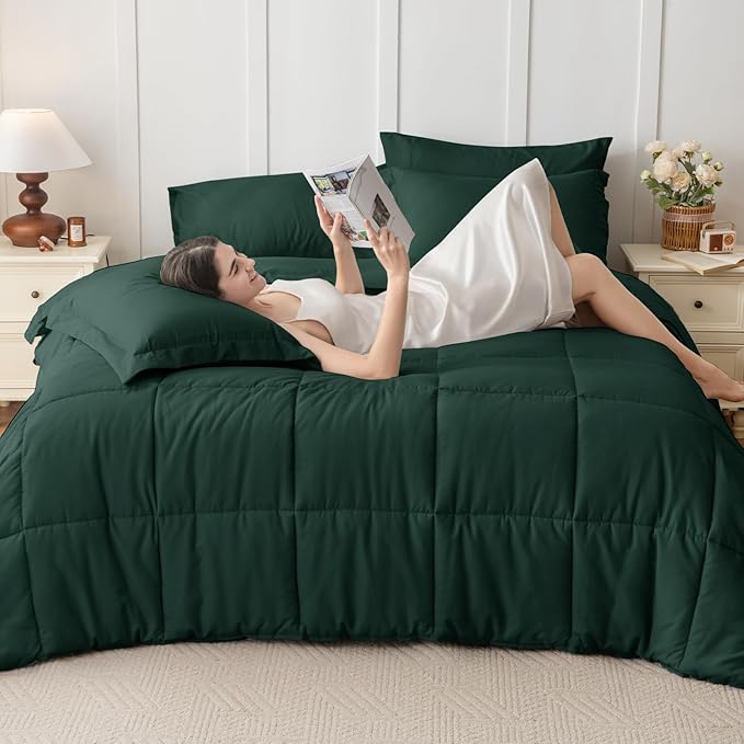 JOLLYVOGUE King Comforter Set, Ultra-Soft Bed in a Bag King Size 7 Pieces, Oeko-TEX Certified Bedding Set with Down Alternative Comforter, Sheets, Pillowcases & Shams, Emerald Green