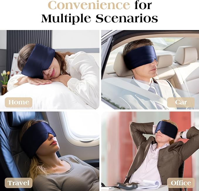 100% Natural Mulberry Silk Sleep Mask, Comfortable Soft for Deep Sleep, Blackout Effect, Wide Adjustable Band, Eye Mask for Women and Men. Ideal for Travel, Office, Daily(Navy Blue)