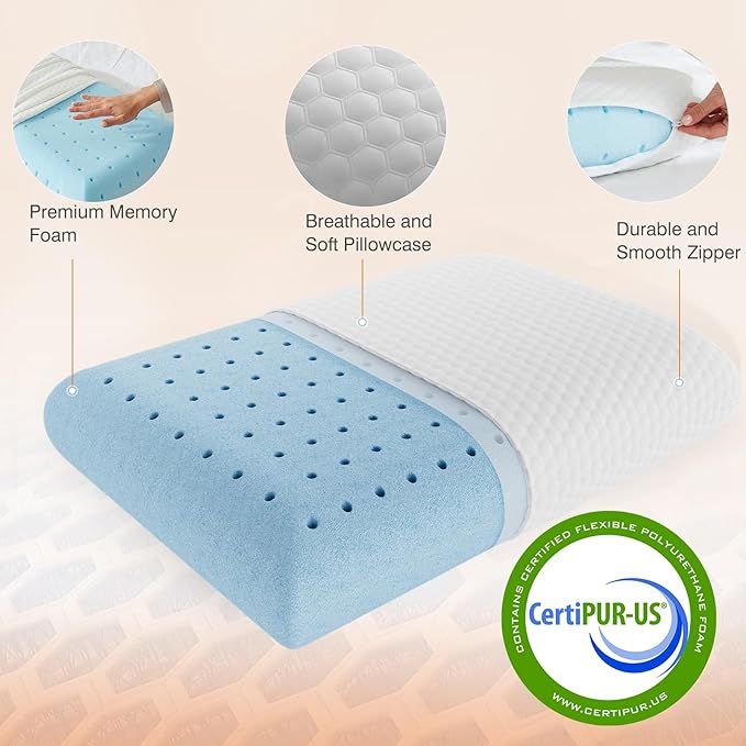 DUMOS Memory Foam Pillows for Sleeping 2 Pack, Bed Pillows for Adults with Washable Cover and Breathable Mesh, Gel Cooling Pillow for Back and Side Sleeper Support, White