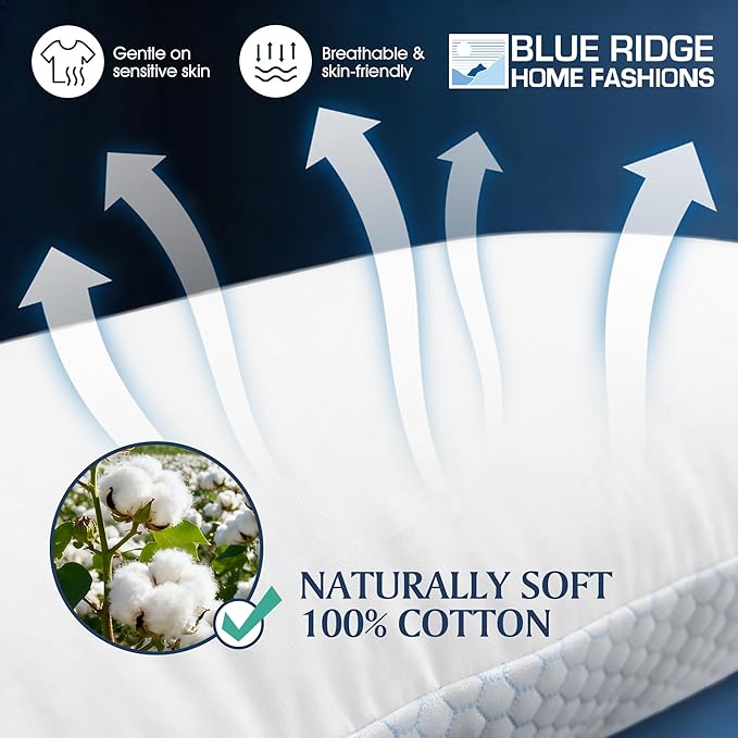 Blue Ridge Home Fashions Cooling Bed Pillows Queen Size Set of 2, Reversible Cooling & Cotton Fabric, Medium Firm, Down Alternative Breathable for Hot, Side, Back & Stomach Sleepers, 20" x 28"