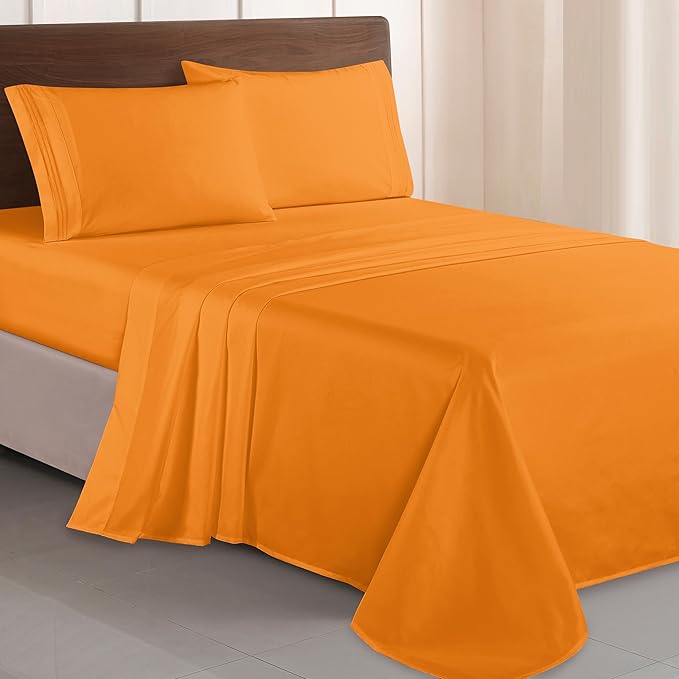 Elegant Comfort Luxurious 1500 Premium Hotel Quality Microfiber Three Line Embroidered Softest 4-Piece Bed Sheet Set, Wrinkle and Fade Resistant, Full, Orange