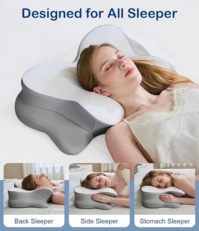 Cervical Neck Pillow, Ergonomic Memory Foam Pillows for Neck Pain Relief with Breathable Pillowcase, Neck Support Pillow with Adjustable Settings for Side Back Stomach Sleepers, Odorless White