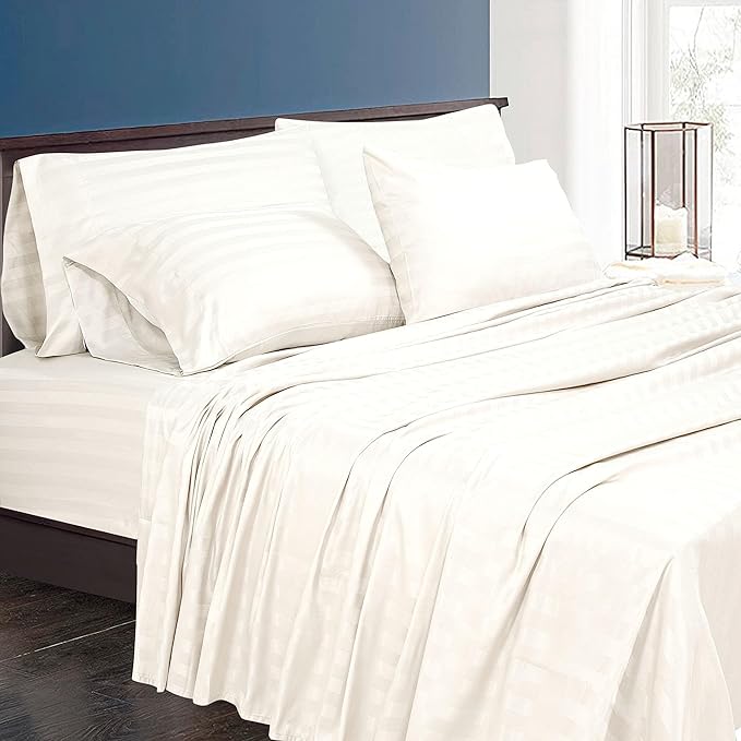 ROYALE LINENS 1500 Thread Count Poly Cotton Sateen Dobby Stripe Sheet Set - 6 Piece King Bed Sheets - 1 Fitted, 1 Flat, 4 Pillow Cases -Soft Cool & Crisp Sheet Set (King, Bright White)
