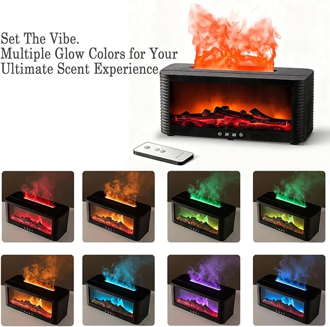 Fireplace Flame Aromatherapy Diffuser, 250ml Ultrasonic Cool Mist Humidifier with Remote Control, 7 Colors Firelight Essential Oil Diffuser for Home and Office (Black)
