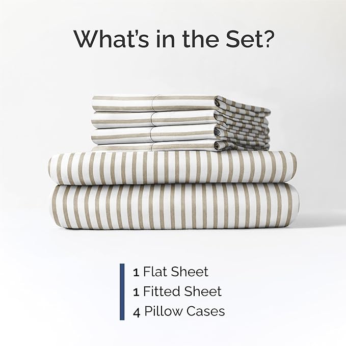 King 6 Piece Sheet Set - Comfy, Breathable & Cooling - Soft Hotel Luxury Bedding for Women, Men, Kids, Teens and Children - 1 Flat & 1 Fitted Sheet & 4 Pillowcases with Deep Pockets - Beige Stripes 2