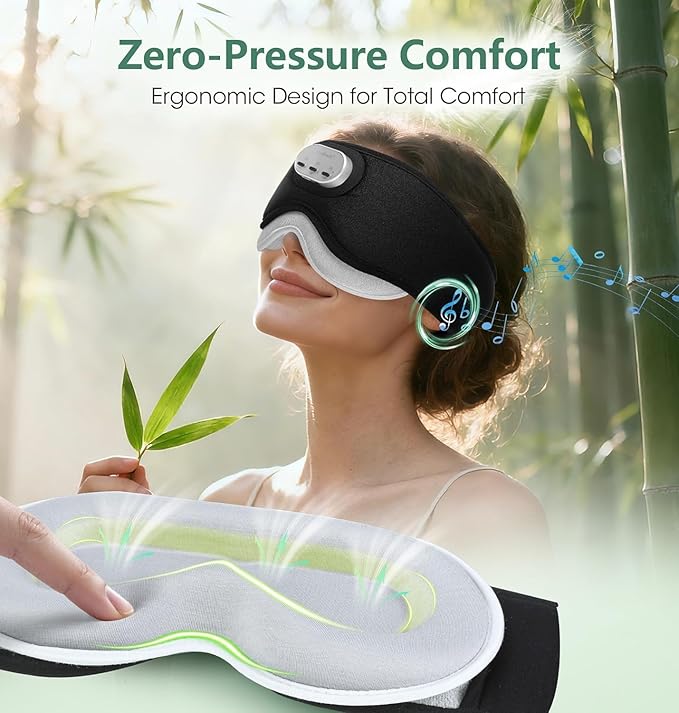 LC-dolida Voice Control Bluetooth Sleep Mask, Bamboo Cotton Bluetooth Sleep Headphones with 3D Zero-Pressure Cups and Timer Setting, Total Blackout Sleep Eye Mask for Side Sleepers (Black)