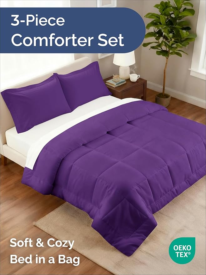 King Comforter Set - 3 Piece Bed Set for All Seasons - 1 Soft Quilted Comforter w/ Corner Tabs & 2 Pillow Shams - Comfy, Cozy & Breathable - Premium Down Duvet Insert - Oeko-TEX - King Size, Purple
