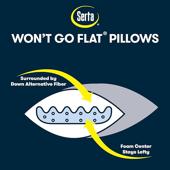Serta Won't Go Flat Standard/Queen Size Set of 2 Down Alternative Bed Pillows, Extra Life Foam Core with Medium Support, Perfect for Back, Stomach or Side Sleepers, White