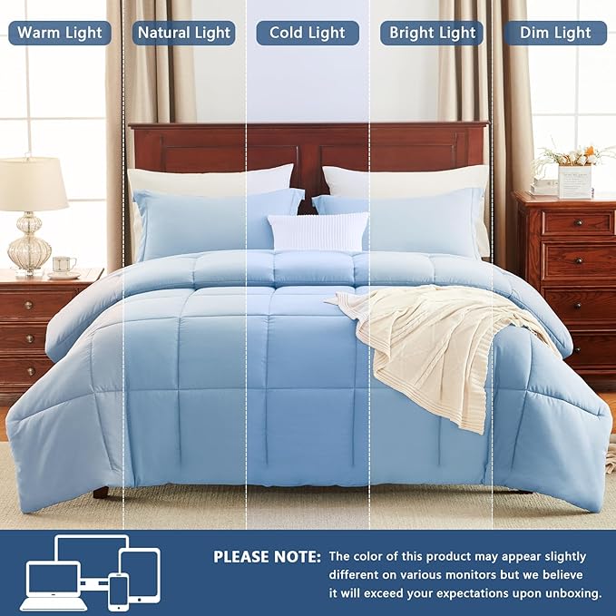 CozyLux King Size Comforter Set - Baby Blue Comforter King, 3 Pieces Box Stitched Bed Set for All Seasons, Soft Lightweight Bedding Sets with 1 Down Alternative Comforter and 2 Pillow Shams