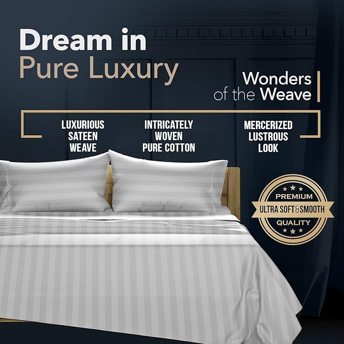 TEXAS LINEN CO. 100% Egyptian Cotton Pillow Cases King Size Set of 2 - Luxury 1500 Series Couture Comfortin' Damask Sateen Pillow Covers (Silver Stripe), Hotel Pillowcases, Fits King Size Pillows