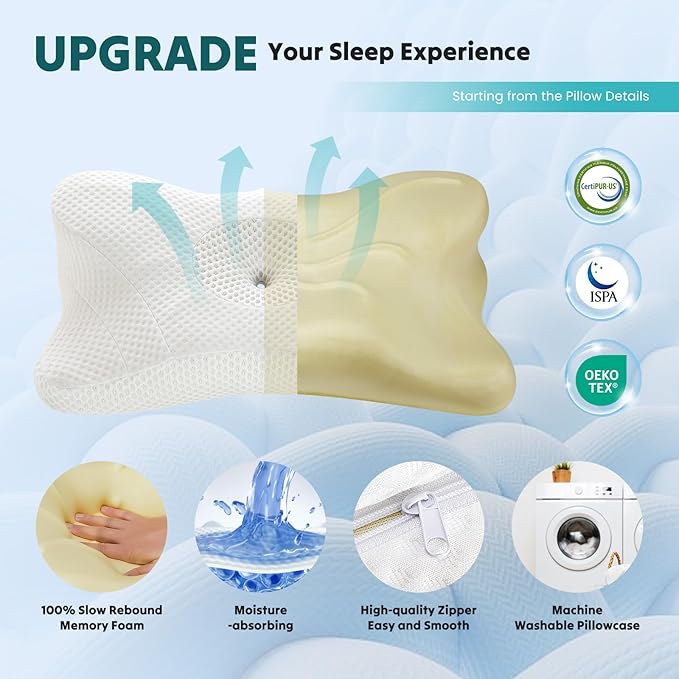 DUMOS Cervical Neck Pillow, Cooling Ergonomic Memory Foam Pillows for Neck Pain Relief with Breathable Pillowcase, Dual Height Orthopedic Support Contour Pillow for Side, Stomach Sleepers, White