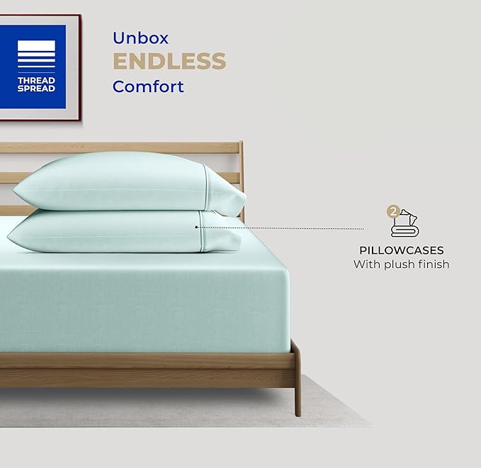 THREAD SPREAD 100% Cotton King Size Pillow Cases Set of 2 - Luxury 400 Series Glee Collection Pillow Cases King Size (Sea Foam)Soft Cooling Breathable & Durable Sateen Hotel Quality Cotton Pillowcases